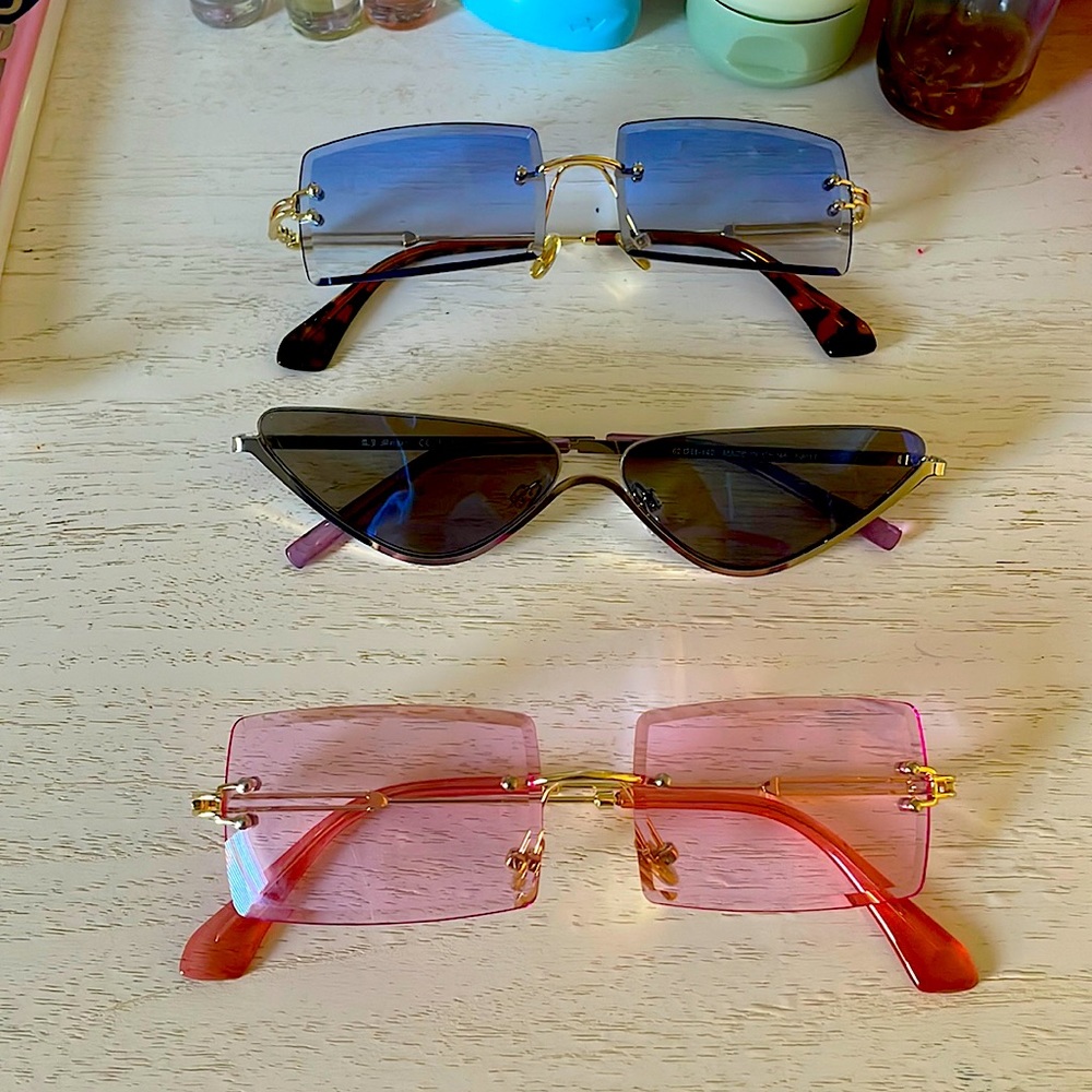 Blue and Pinkish purple glasses from shein. Purple glasses from fashion nova.